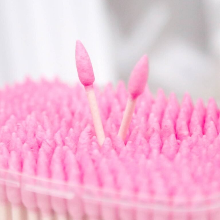Pink pointed cosmetic cotton swabs from the original SwabMasters product page