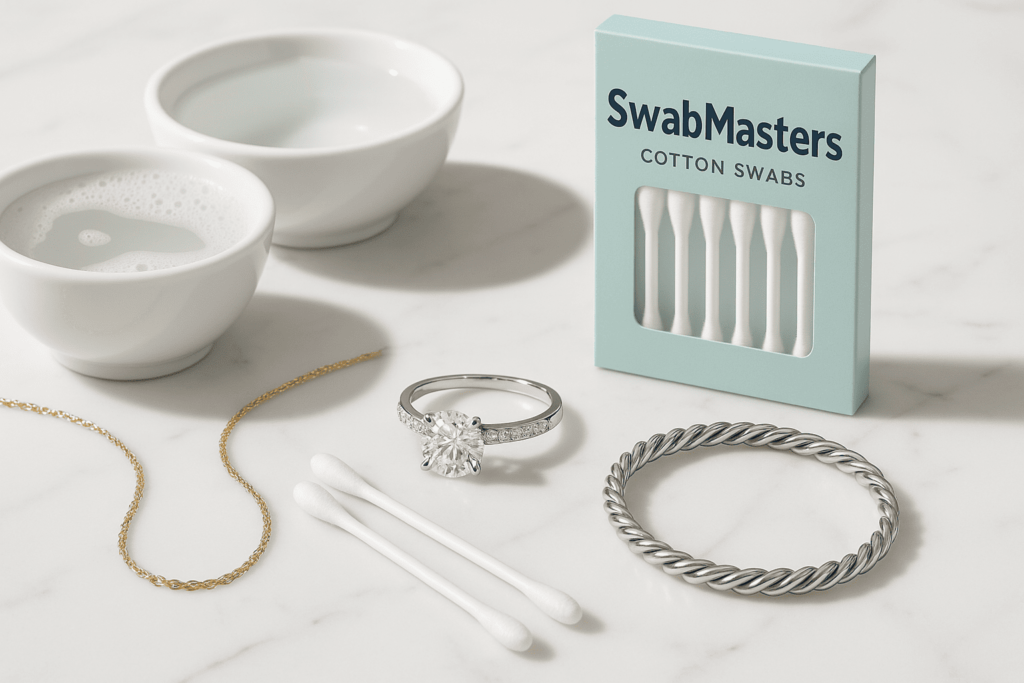 Professional jewelry cleaning setup featuring SWABMASTERS cotton swabs and sparkling jewelry