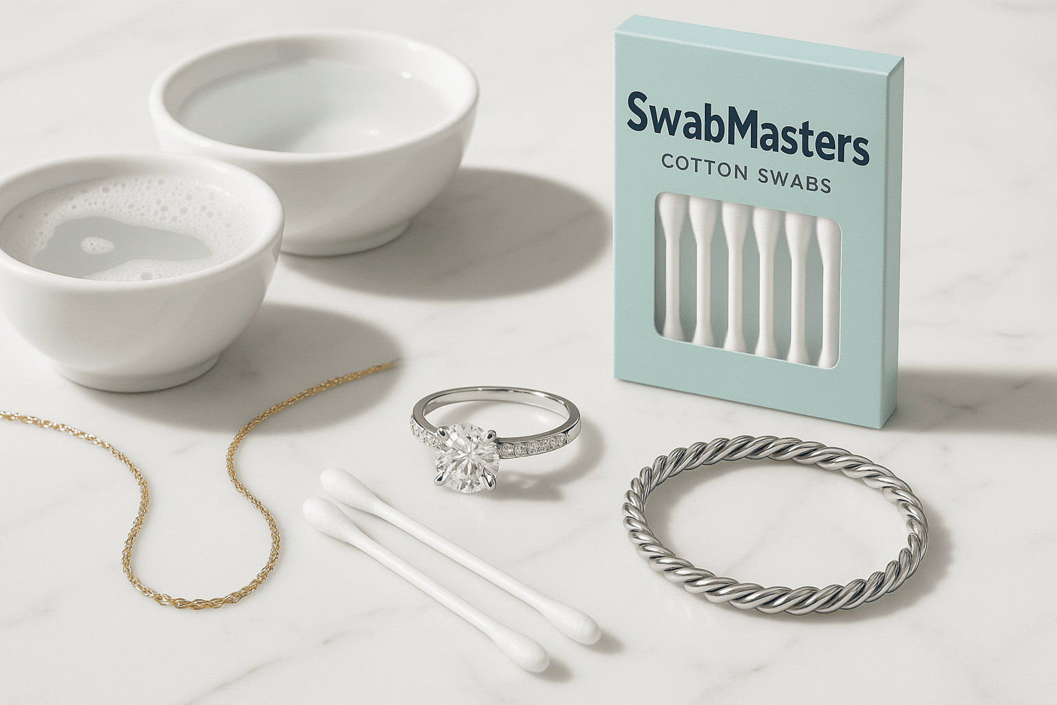 Professional jewelry cleaning setup featuring SWABMASTERS cotton swabs and sparkling jewelry