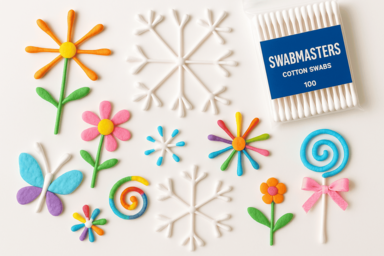 A beautiful collection of cotton swab DIY crafts including flowers, snowflakes, and decorative items made with SWABMASTERS cotton swabs