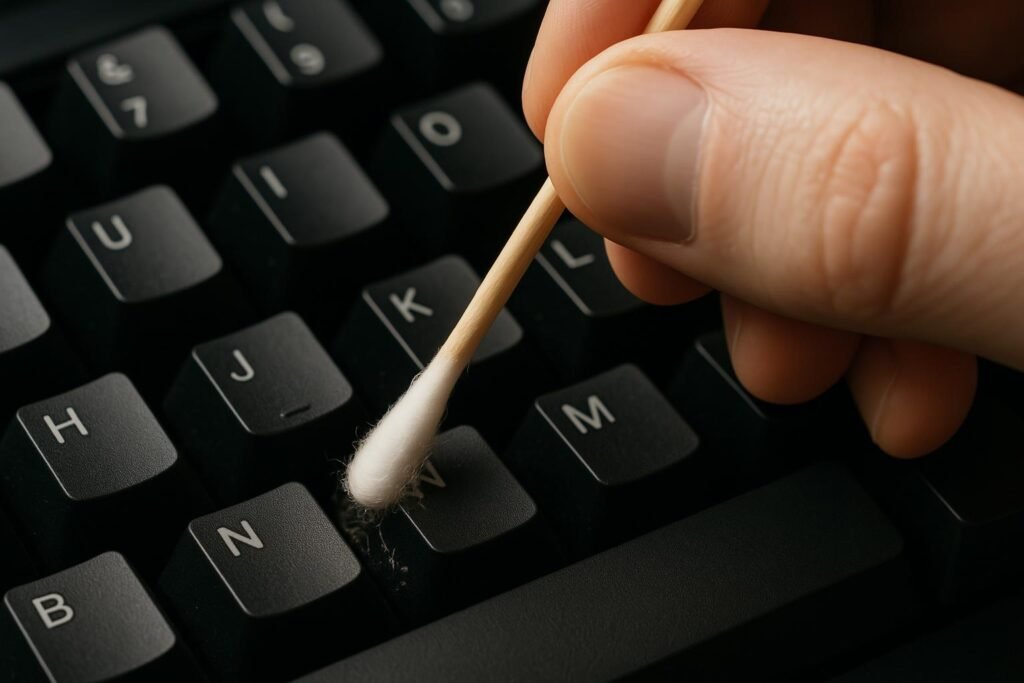 Professional cotton swab technique for precise keyboard cleaning