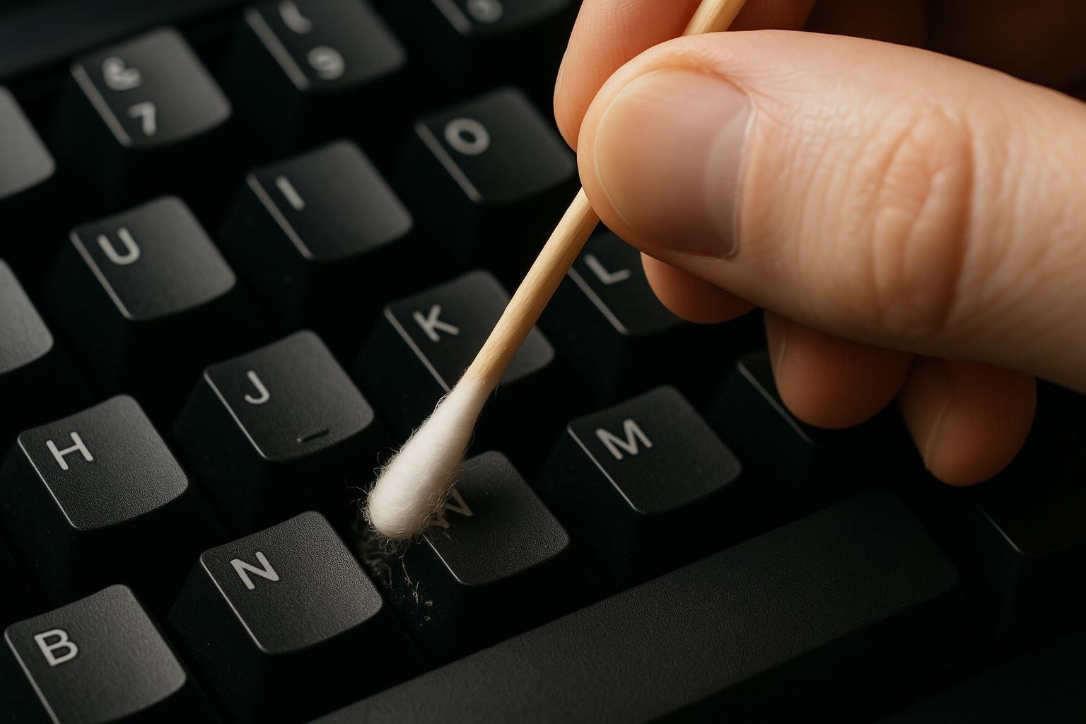 Professional cotton swab technique for precise keyboard cleaning