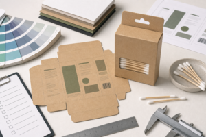 Cotton swab packaging compliance and branding design review with carton dieline, paper samples and measuring tools