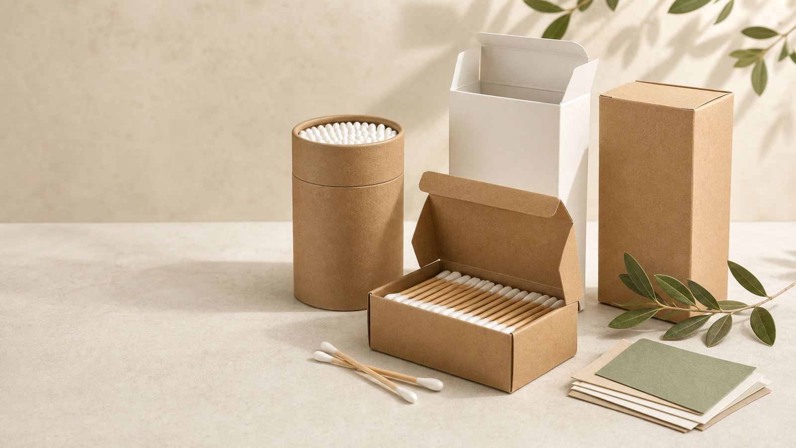 Cotton swab packaging design guide showing kraft paper boxes and sustainable packaging materials for OEM buyers