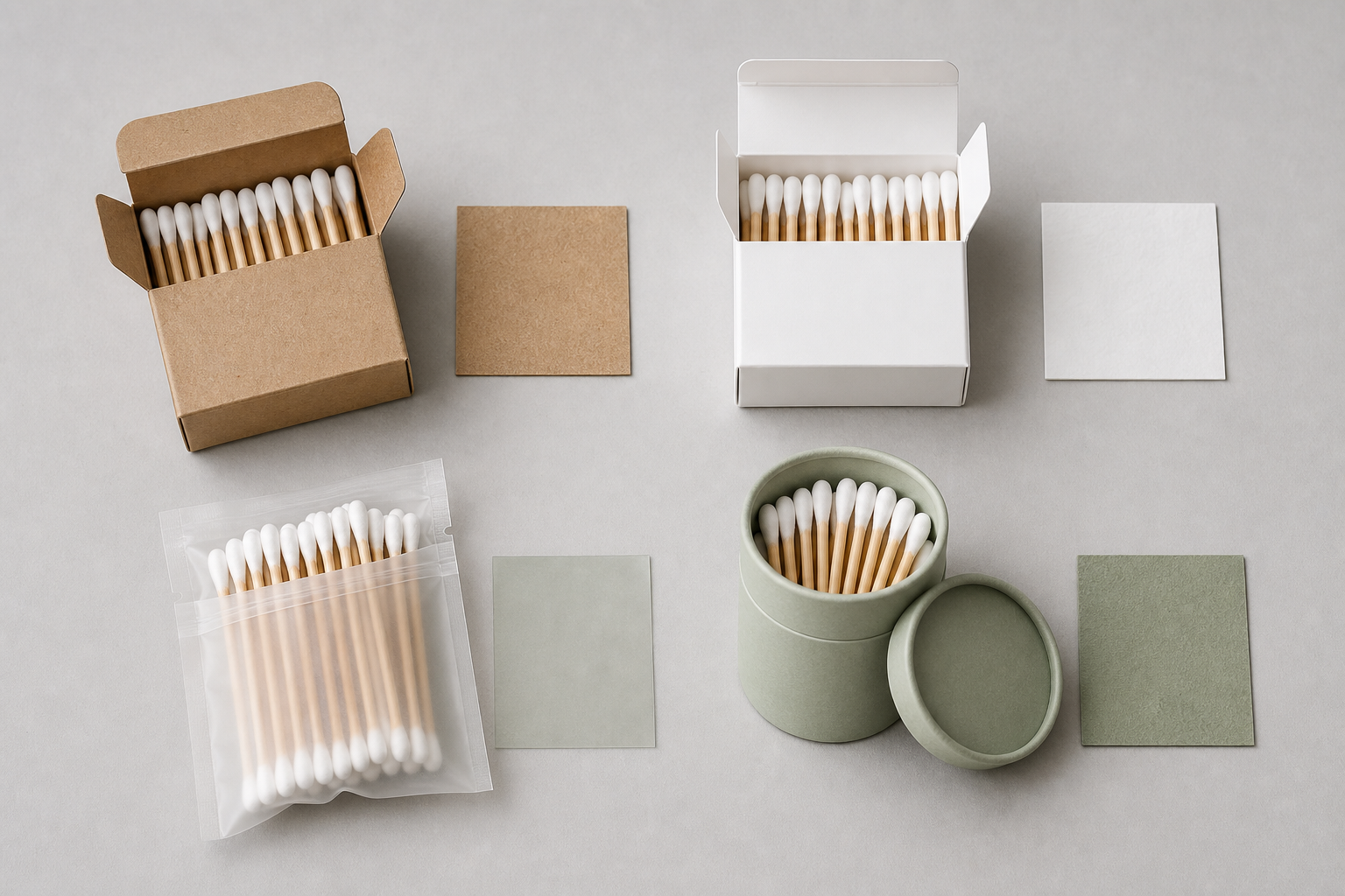 Comparison of cotton swab packaging materials including kraft paper, white cardboard, flexible pouches and paper containers