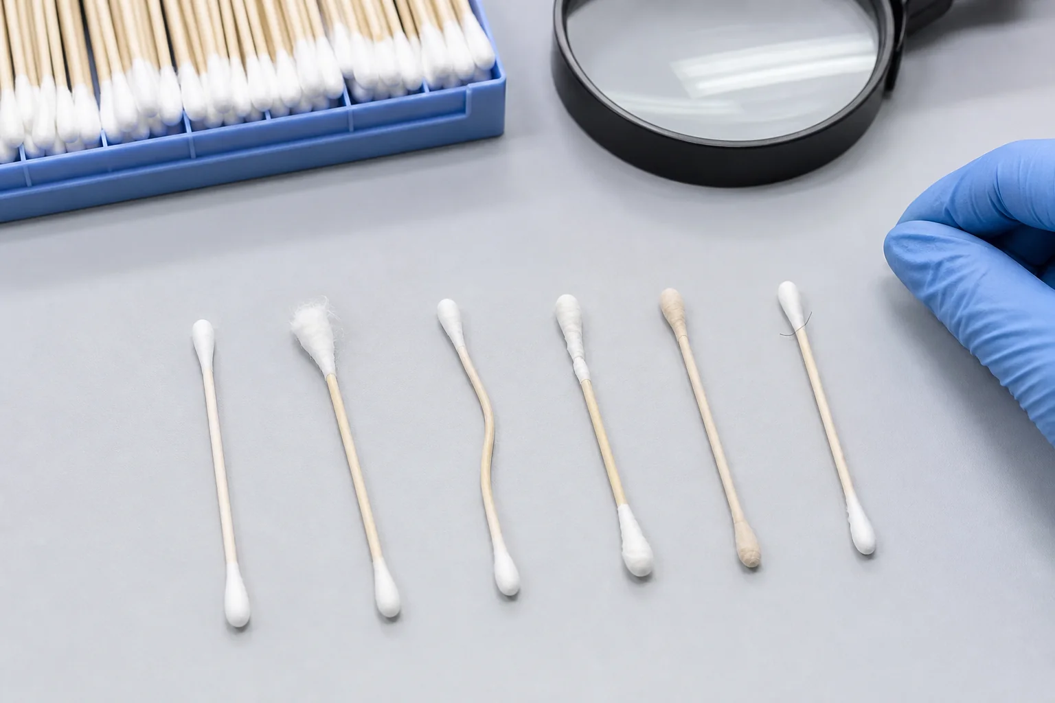 Cotton swab defect types including loose heads, bent sticks and contamination
